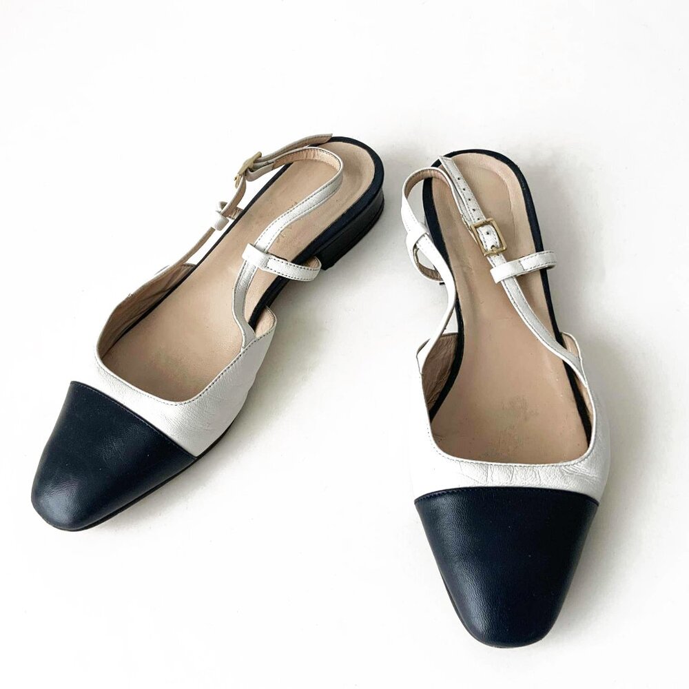 JONAK Navy & White Leather Cap Toe Open Back Flat